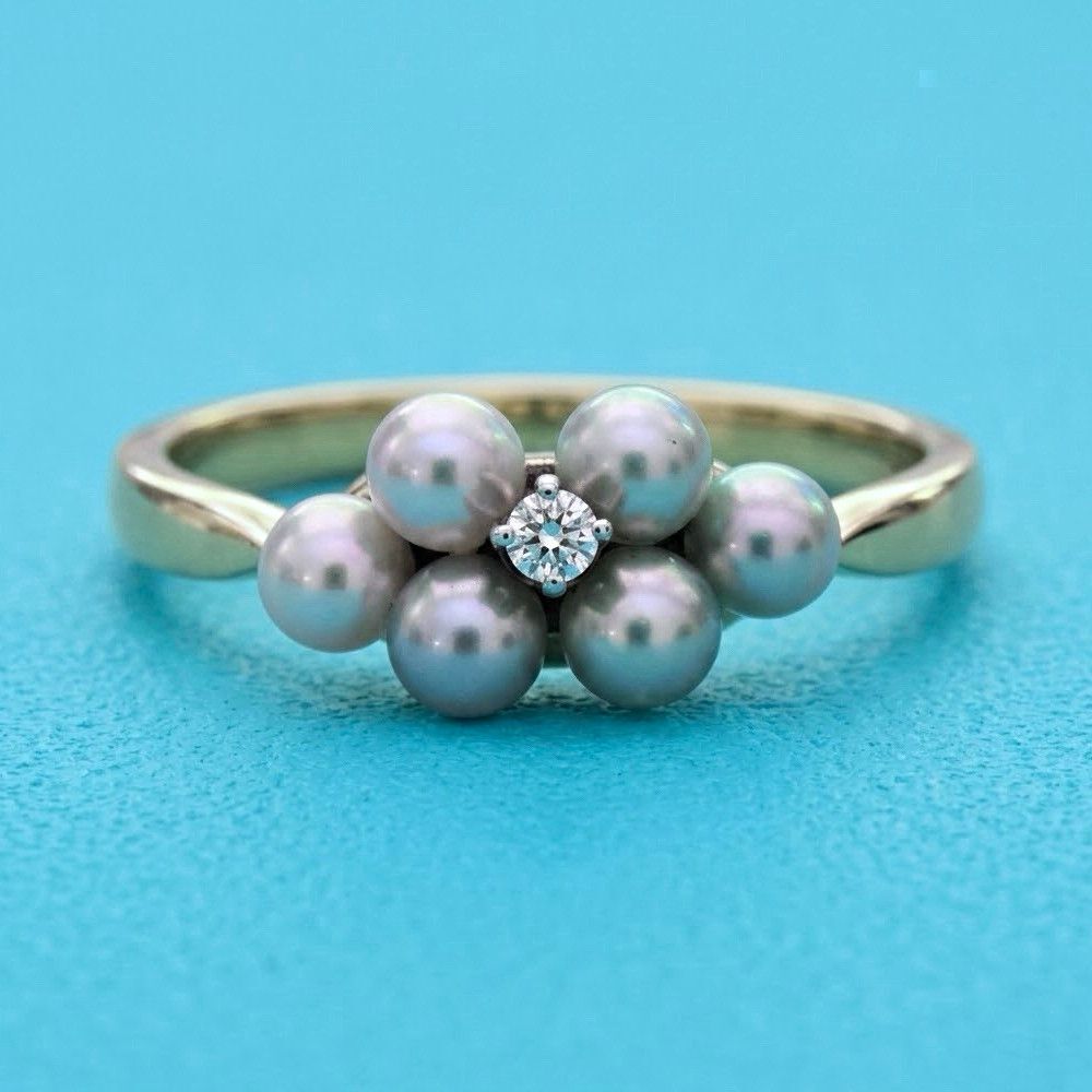 RARE Vintage Tiffany & Co. 14K Yellow Gold Pearl Diamond Flower Cluster Ring